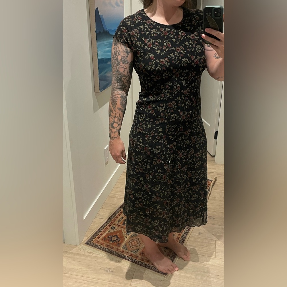 Vintage 2000s Y2K 90s Floral Short Sleeve Black Dress Mesh